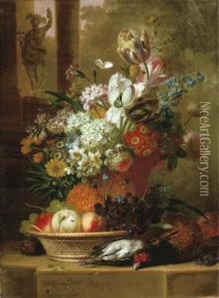 Flowers, Fruit And Dead Game On A Stone Ledge With A Sculpture Ofmercury Beyond Oil Painting - Willem van Leen