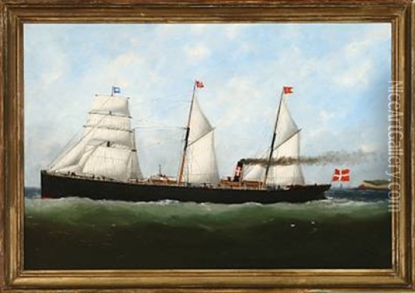 Danish Barquentine Off The Coast Of Le Havre Oil Painting - Edouard Adam