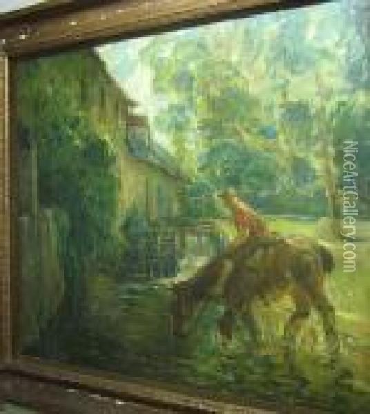 Man Te Paard Bij De Watermolen. Oil Painting - Willem Van Den Bruel