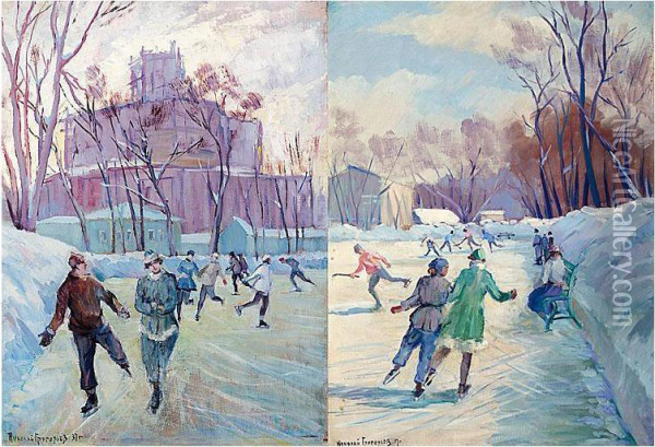 A Pair Of Paintings: 'windy Day On The Skating Rink' And 'skating In Spring' Oil Painting - Nikolay Mikhailovich Grigoriev