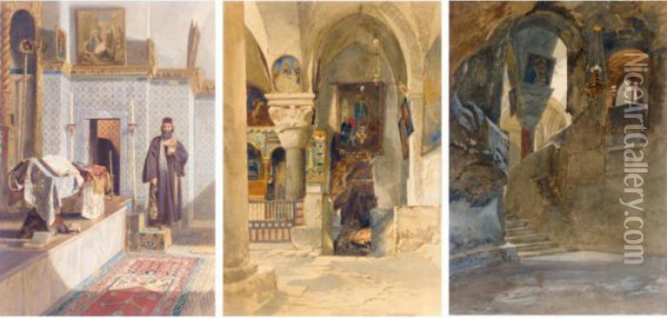 Three Middle Eastern Church Interiors Oil Painting - Carl Friedrich H. Werner