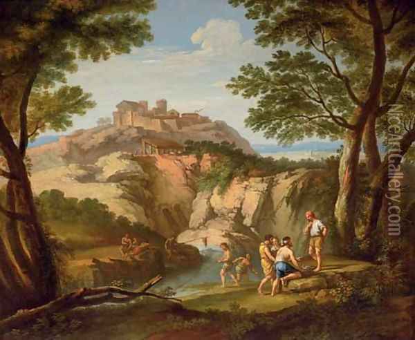An Italianate river landscape with fishermen in the foreground and a hill town beyond Oil Painting - Andrea Locatelli