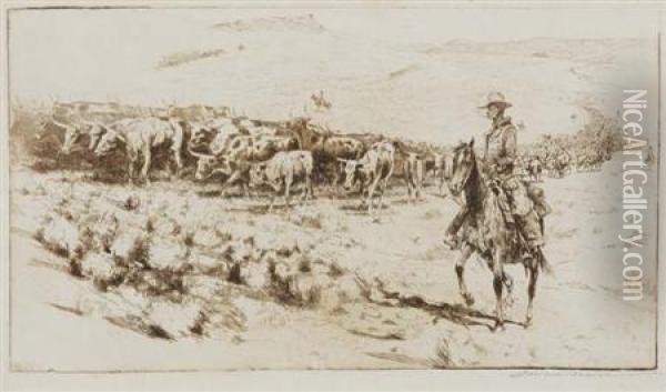 Trail Herd No Oil Painting - John Edward Borein