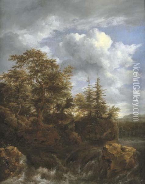 A Wooded River Landscape With A Waterfall And Travellers On A Bridge Oil Painting - Jacob Van Ruisdael