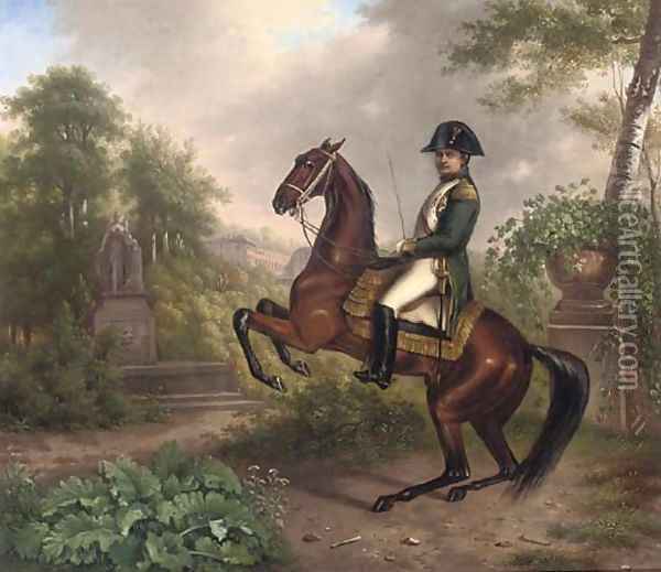 Napolean on horseback in an Italianate landscape Oil Painting - Carle Vernet