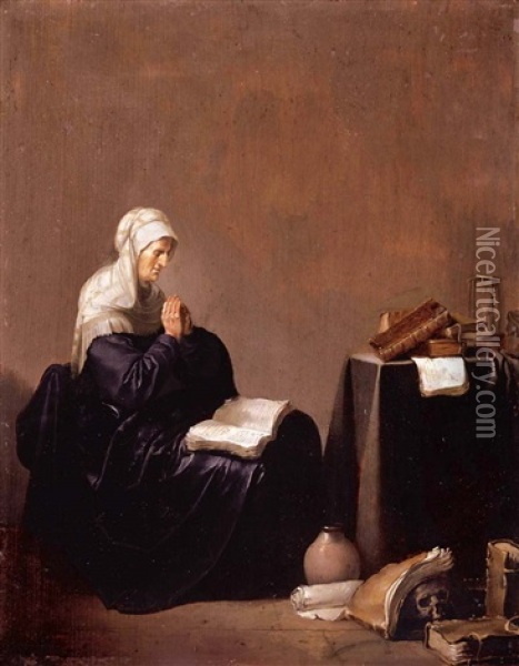 Interior With A Woman Praying At A Table, With Books An Hour Glass And Other Objects Oil Painting - Willem De Poorter