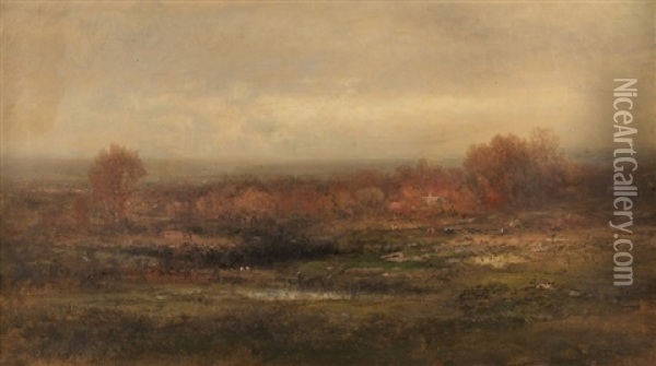 Gray Day Over Marsh Landscape With Cows Oil Painting - George W. King