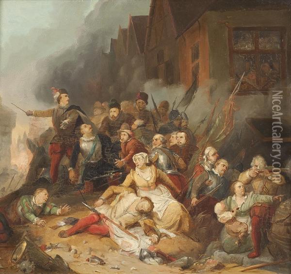 Schlachtszenerie In Einer Belagerten Stadt Oil Painting - Carl Friedrich Lessing