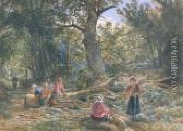 Women Gathering Firewood In A Forest Oil Painting - Samuel Bough