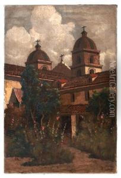 Santa Barbara Mission Oil Painting - Manuel Valencia