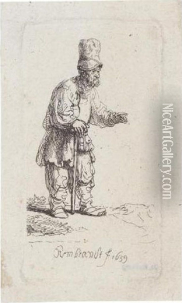 A Peasant In A High Cap, Standing Leaning On A Stick (b., Holl.133; H.164; Bb.39-b) Oil Painting - Rembrandt Van Rijn