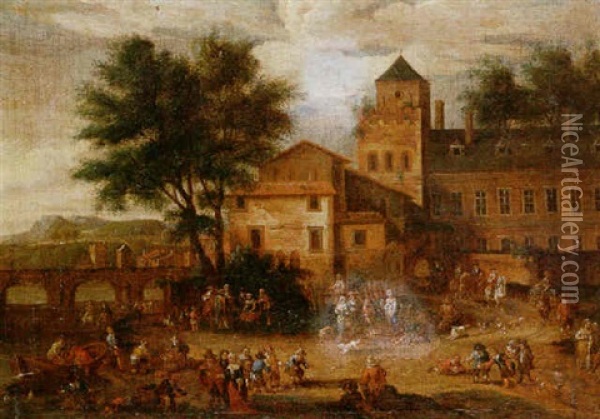 A River Town Scene With Numerous Figures On The River Bank, Before A Large Civic Building Oil Painting - Adriaen Frans Boudewyns the Elder