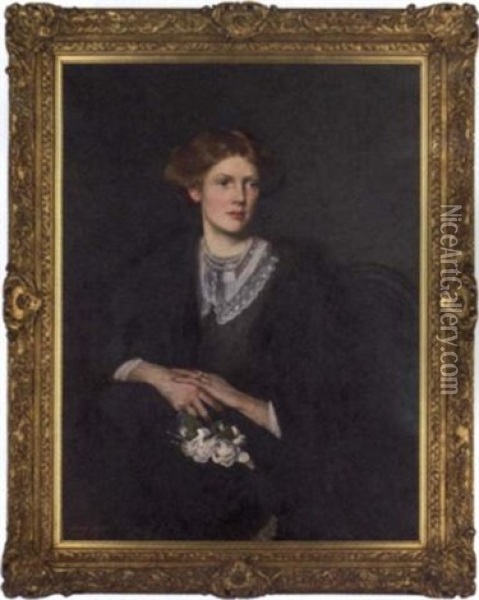 Portrait Of Audrey Innes, Nee Broadwood, Wife Of John Alfred Innes, In A Lace Trimmed Dress And Fur Wrap Oil Painting - George Henry