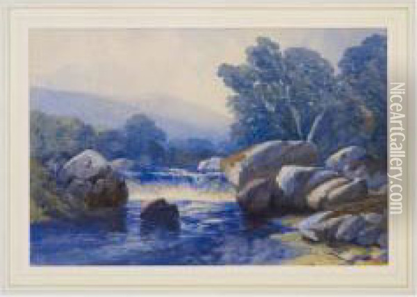 A Mountain And River Landscape In North Wales Oil Painting - Thomas Leeson Rowbotham