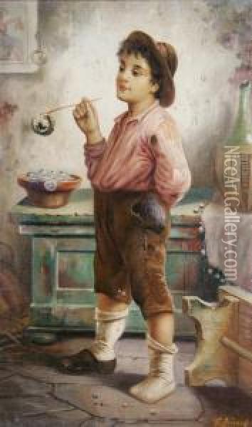 Boy Blowing Bubbles Oil Painting - Francois Xavier Bricard
