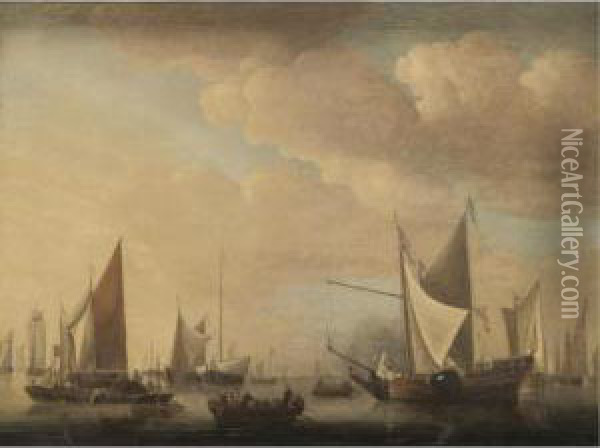 Dutch Shipping Moored In Calm Waters Oil Painting - Jan Van De Capelle