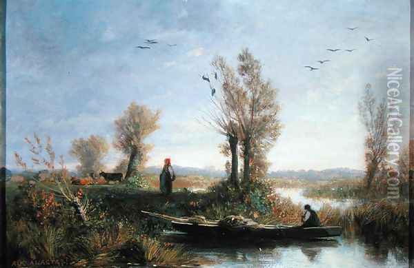 The Banks of a Canal Oil Painting - Auguste-Paul-Charles Anastasi