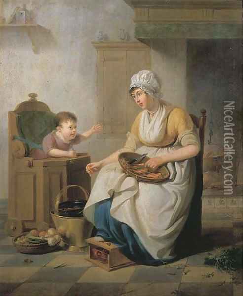 A small child in a high chair with a servant cleaning vegetables seated nearby, in a kitchen interior Oil Painting - Pieter Fontijn
