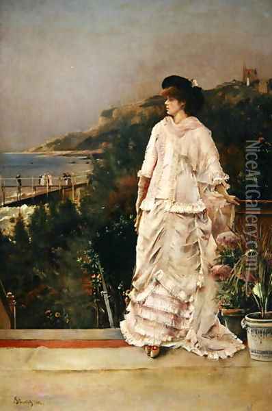 Woman on a Terrace, 1882 Oil Painting - Alfred-Emile-Leopole Stevens