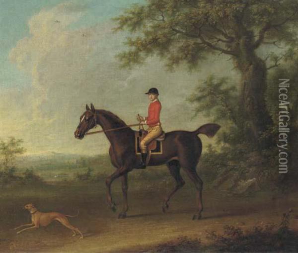 Sedbury, With Jockey Up, And A 
Greyhound In An Extensive Wooded Landscape, With Two Country Houses 
Beyond Oil Painting - James Seymour