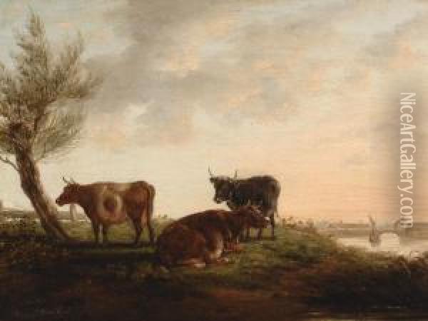 Landscape With Cows Oil Painting - Bruno I Van Straaten