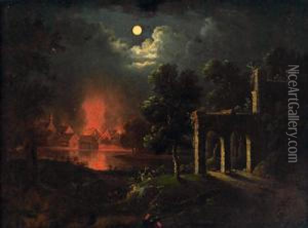 Cerchia Paesaggio Al Chiaro Di Luna E Incendio Notturno Oil Painting - Johann Georg Trautmann