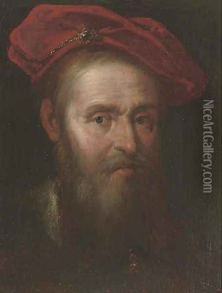 Portrait of a man, bust-length, in a cap Oil Painting - Govert Teunisz. Flinck
