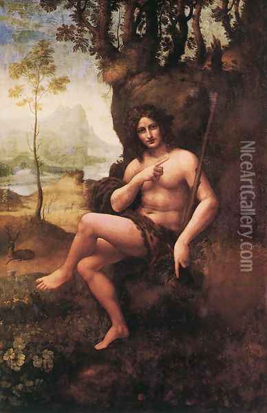 St John in the Wilderness (Bacchus) 1510-15 Oil Painting - Leonardo Da Vinci