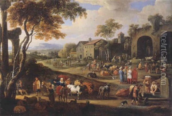 Peasants And Travellers In A Village In An Italianate Landscape Oil Painting - Alexander van Bredael