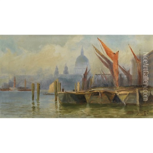 Boats Moored On The Thames, St. Paul's In The Distance Oil Painting - Frederic Marlett Bell-Smith