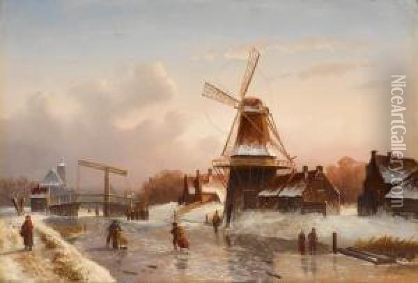 Kanallandschaft Im Schnee Oil Painting - Cornelis Petrus 't Hoen