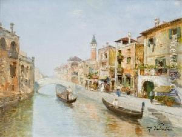 Venetian Canal Scene Oil Painting - R. Valentini