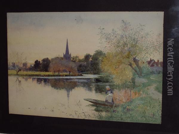 River Landscape With Young Girl In A Punt, And Church In The Distance Oil Painting - Thomas Mackay