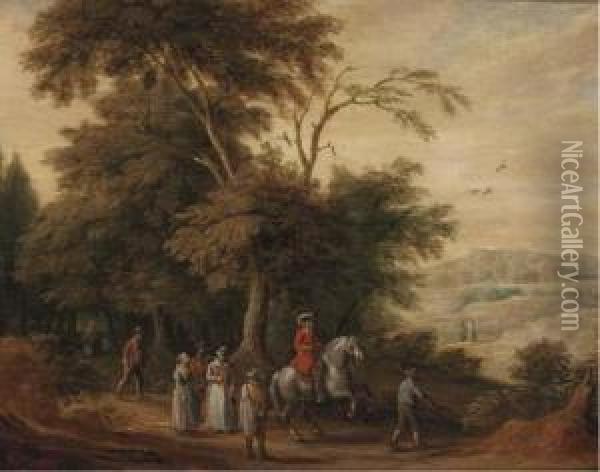 A Wooded Landscape With A Cavalryman And Other Figures On Atrack Oil Painting - Adriaan van Stalbemt