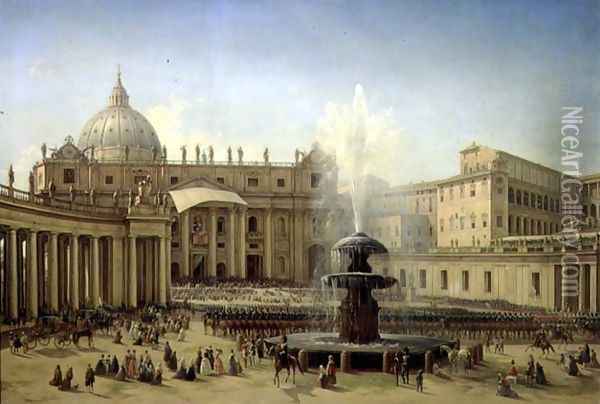 The Piazza San Pietro in Rome at the time of a Papal Blessing, 1850 Oil Painting - Grigori Grigorevich Chernetsov