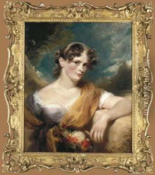 Portrait Of Miss Caroline Hopwood, Half-length, In A Purple Andwhite Dress Oil Painting - George Henry Harlow