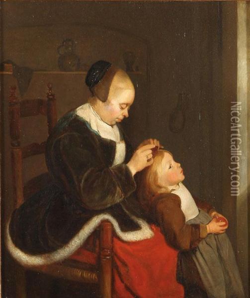 Mother Combing A Child's Hair Oil Painting - Hendrik Jacobus Scholten