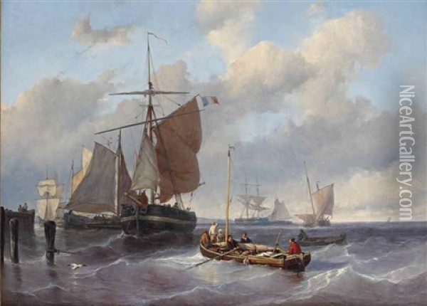 Sea Scene With Fishing Boats Oil Painting - Johan Hendrik Meyer