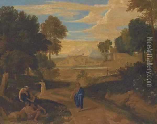 An Italianate wooded landscape with classical figures on a path, a river beyond Oil Painting - Nicolas Poussin