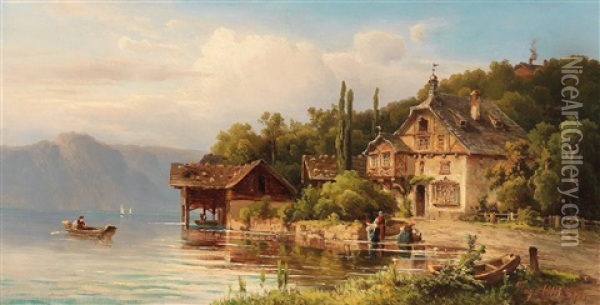 Washerwomen On The Lake Shore Oil Painting - Hugo Ullik
