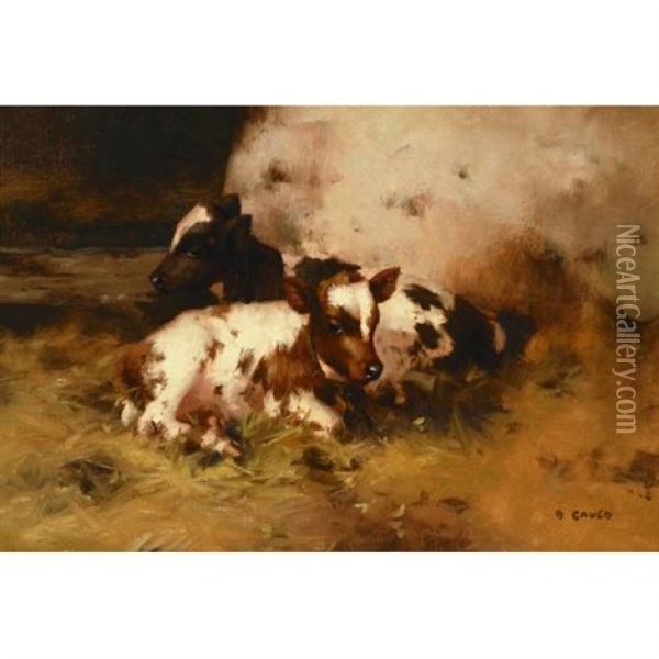 Ayrshire Calves In A Stable Oil Painting - David Gauld