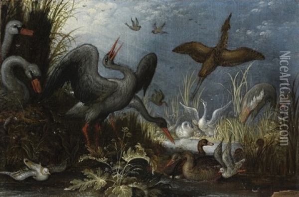 Swans, Storks And Other Birds In A River Landscape Oil Painting - Roelandt Savery