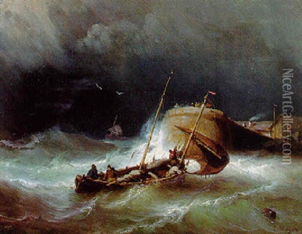 A Fishing Vessel In A Storm Lowering Sail By A Pier Oil Painting - Johan Hendrik Meyer