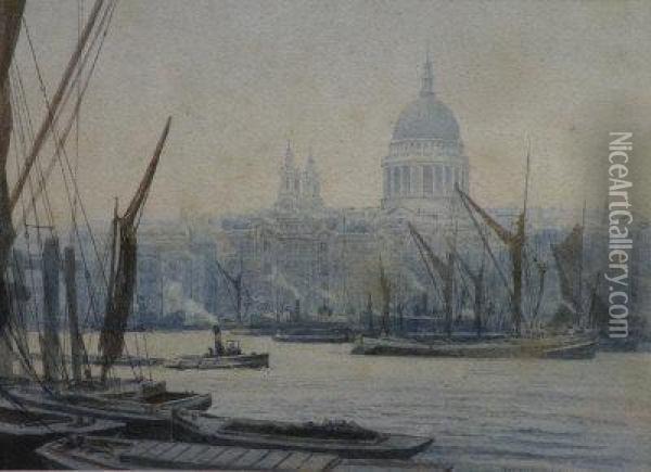 'st Paul's From Bankside, London' Oil Painting - Victor Wyatt Burnand