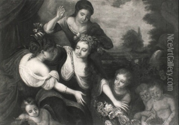 Flora Surrounded By Maidens And Putti Oil Painting - Augustus (Snip) Terwesten