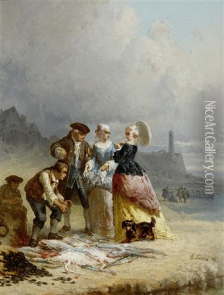 Der Fischverkauf Am Strand Oil Painting - Louis-Gabriel-Eugene Isabey