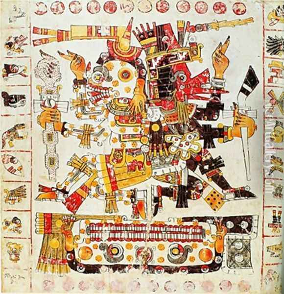 Facsimile copy of a page of the Borgia codex depicting Death and Life gods placed side by side Oil Painting - Mixtec