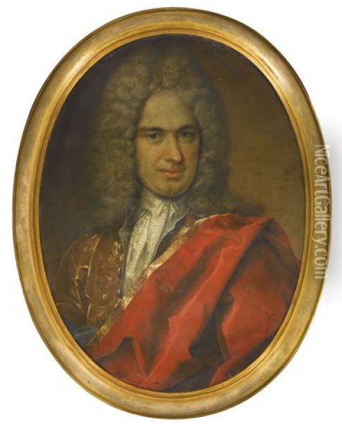 Portrait Of A Gentleman, Half-length, Wearing A Gold Embroidered Jacket And Red Cape Oil Painting - Christian Schilbach