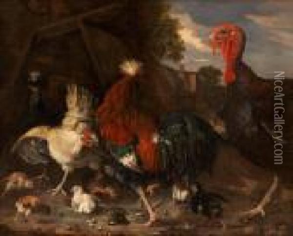 Honsmamma Forsvarar Sina Kycklingar Mot En Kalkon Oil Painting - Melchior de Hondecoeter