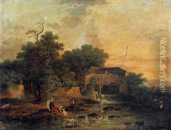Paysage De Riviere Avec Un Moulin A Eau Et Des Lavandieres Oil Painting - Louis Gabriel Moreau the Elder